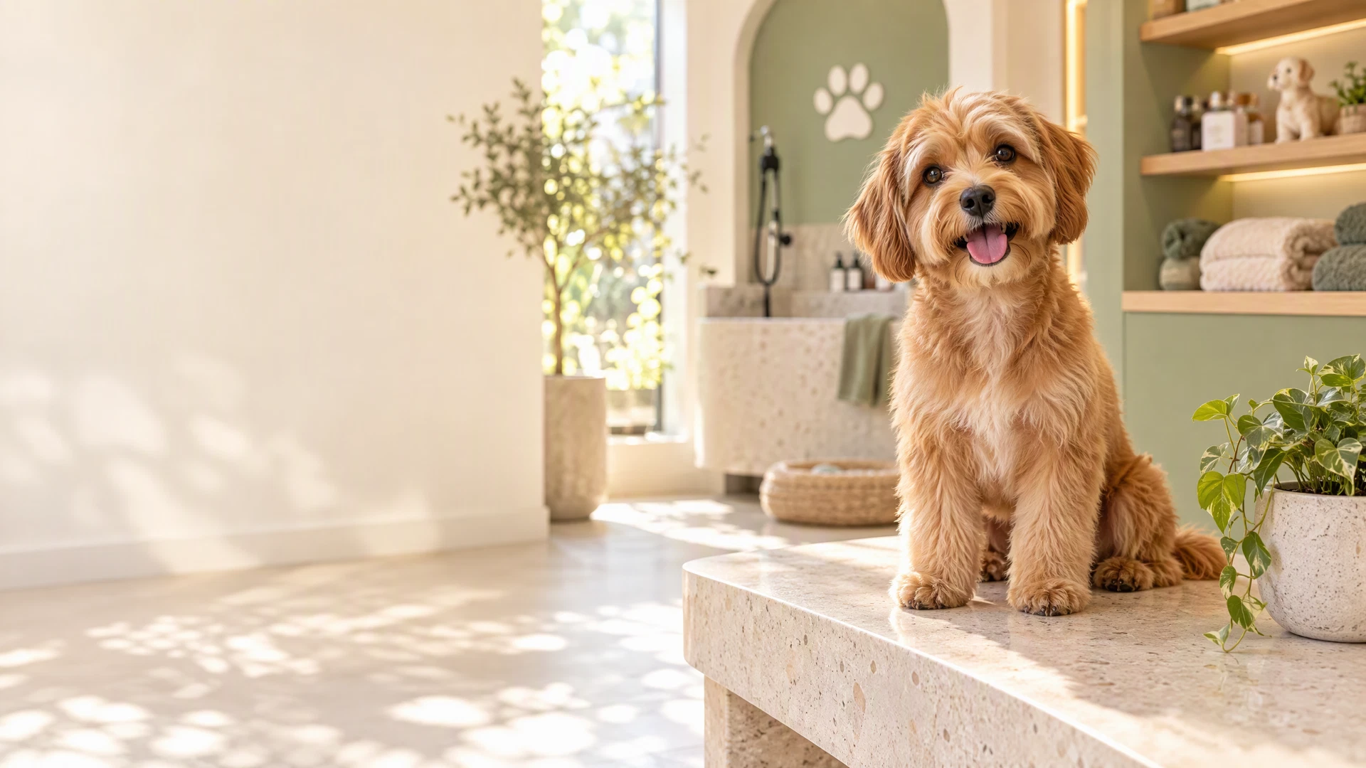 Cão de pequeno porte em um ambiente claro de cuidados para pets